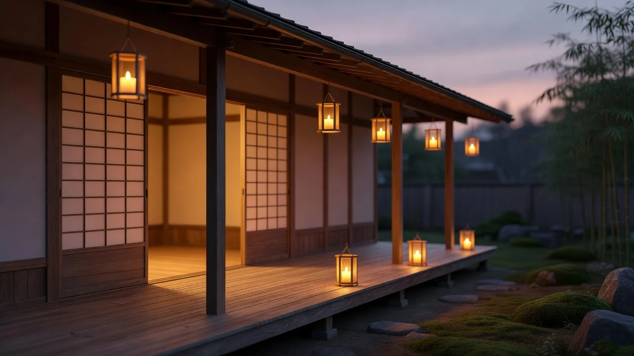 夕暮れの縁側に灯る白樺の灯籠（イメージ）